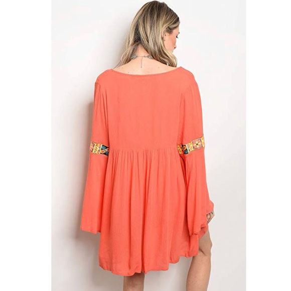 Rust Boho Embroidered Western Tunic Bell Dress - Picture 2 of 4